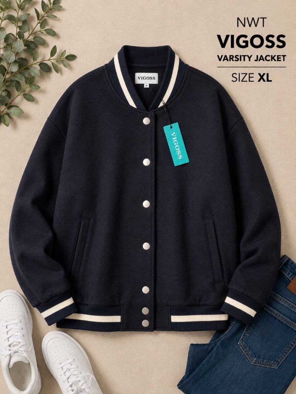 Vigoss Varsity Bomber Jacket XL Navy Snap Front Oversized NWT